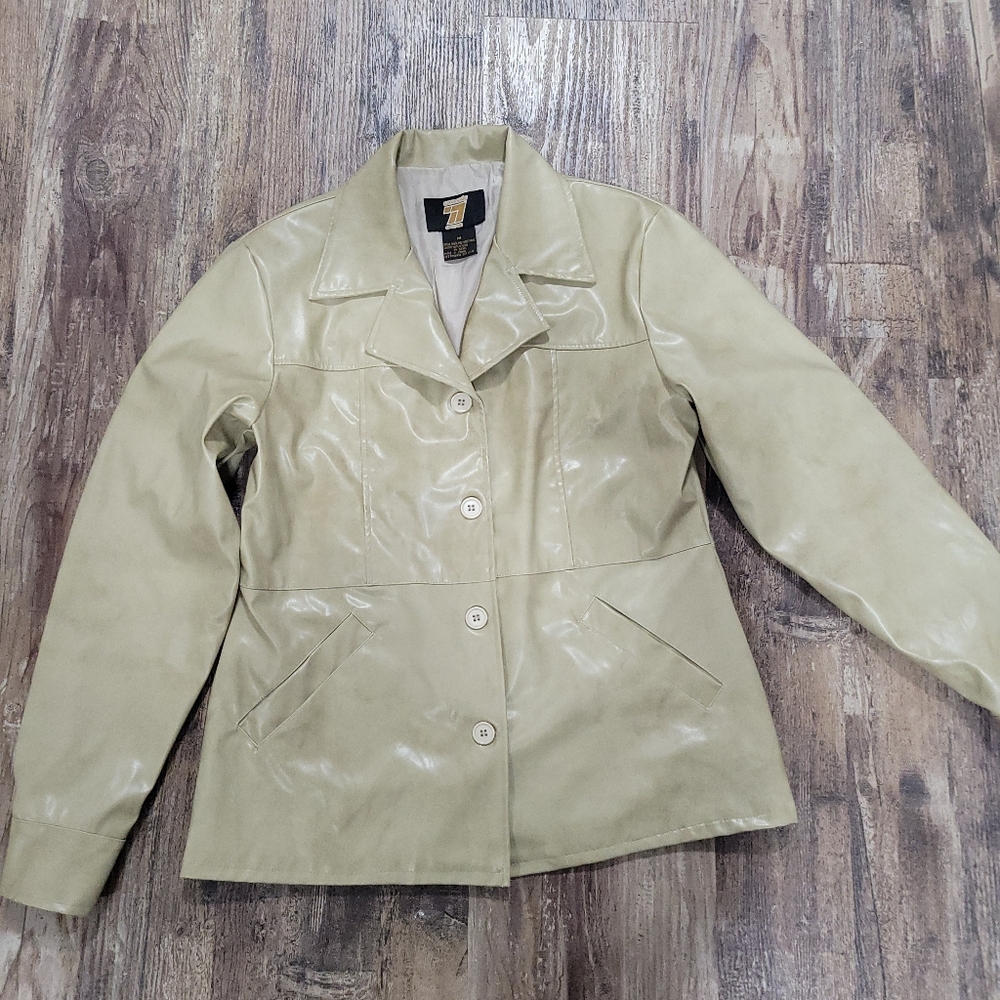 Vintage 77 Brand Cream Patent Vinyl Jacket 1970s Retro Shiny Faux Leather Size M